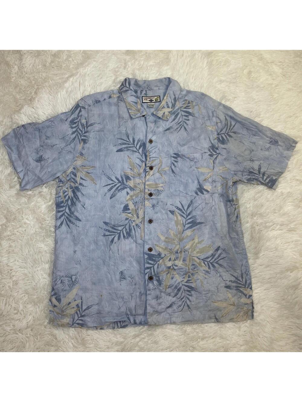 Caribbean Joe Hawaiian Linen Button Up Shirt Men Size L Blue Floral Print